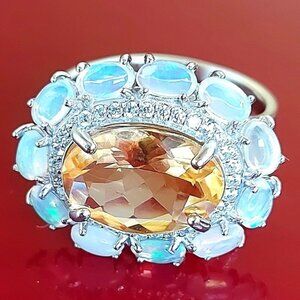 Natural Citrine 14x10mm, Fire Opal & Cz 925 Sterling Silver‎ Ring 8.75